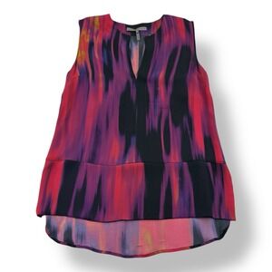 Halston Heritage Orange Purple Black Abstract Rayon V-Neck Tank Top Womens Small